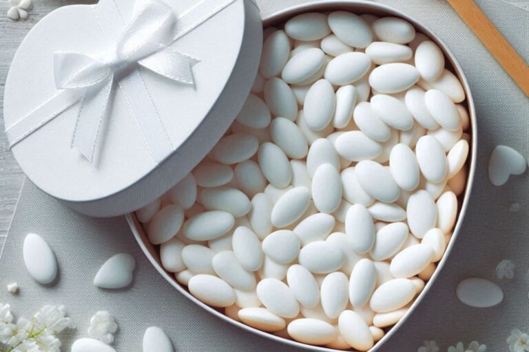 Scatola di confetti bianchi dentro ad una bomboniera a forma di cuore